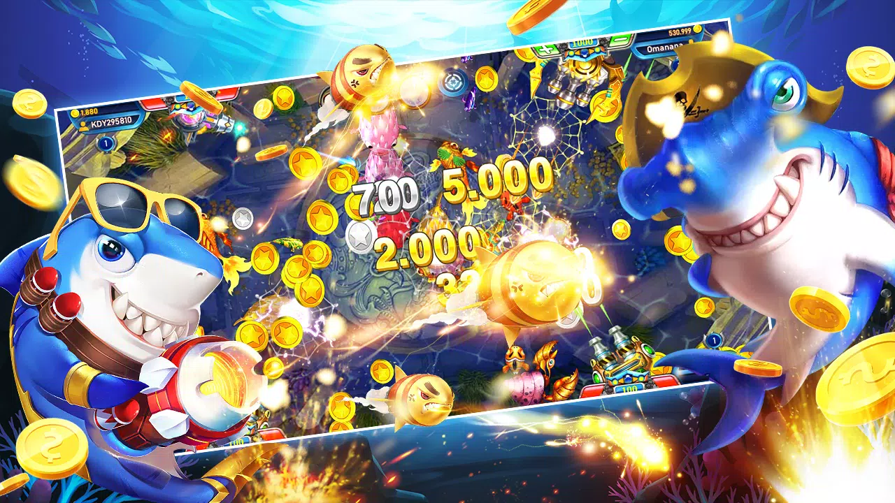 หน้าจอเกมยิงปลาใต้น้ำพร้อมปลาและเอฟเฟกต์สีสันสดใส